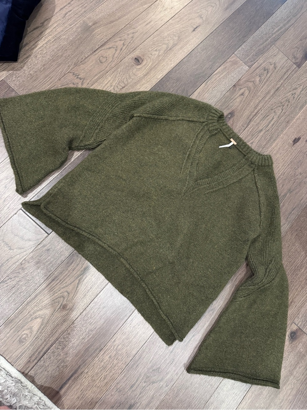 Free People Olive V-Neck Bell Sleeve Sweater